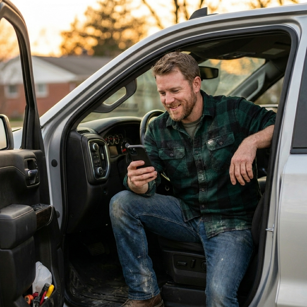 Professional roofing contractor checking his smartphone